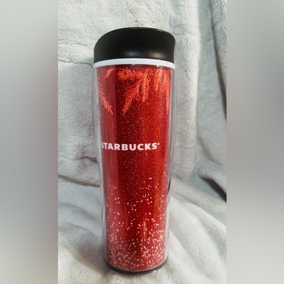 RARE HTF Starbucks Nestle Holiday Tumbler 2020 ~ Red Glitter Snowflakes Pine - Picture 1 of 2
